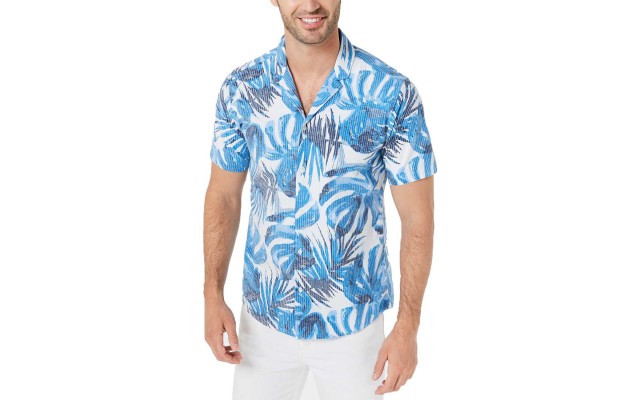  Men’s Slim-Fit Stretch Striped Palm-Print Seersucker Camp Shirts