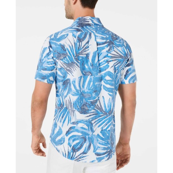  Men’s Slim-Fit Stretch Striped Palm-Print Seersucker Camp Shirts