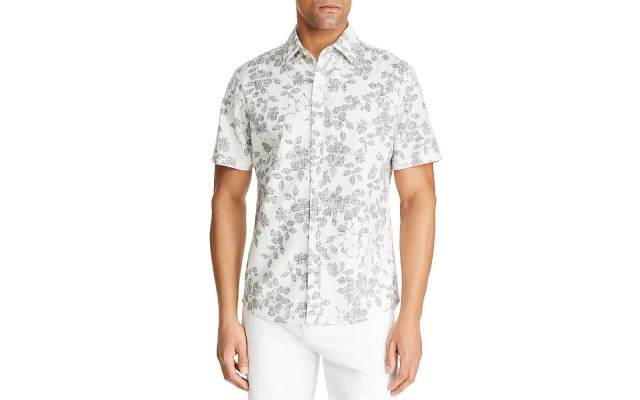 Men’s Slim-Fit Stretch Striped Palm-Print Seersucker Camp Shirts