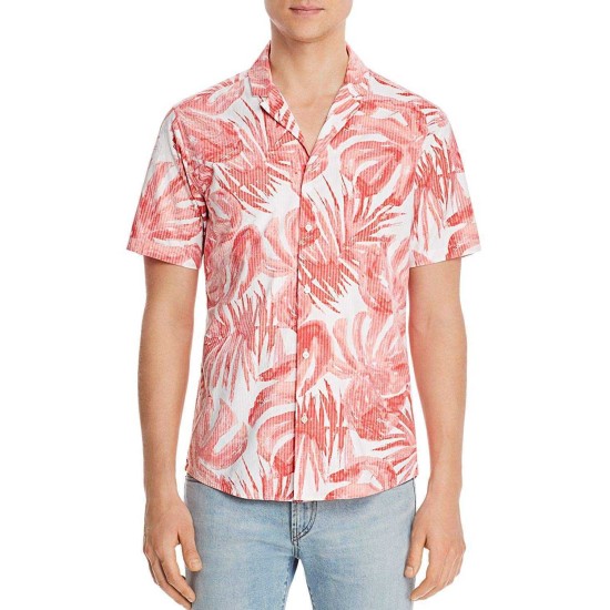  Men’s Slim-Fit Stretch Striped Palm-Print Seersucker Camp Shirts
