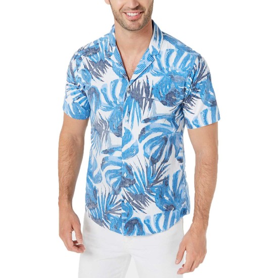  Men’s Slim-Fit Stretch Striped Palm-Print Seersucker Camp Shirts