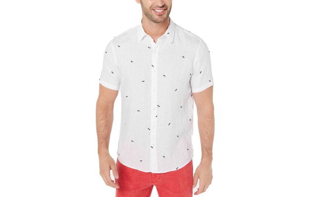  Men’s Slim-Fit Sunglasses Embroidered Linen Shirt (White, S)