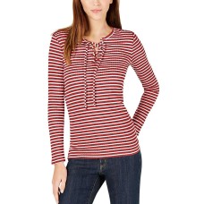 Michael Kors Ribbed Lace-Up Top (Bright Terra Cotta/White, L)