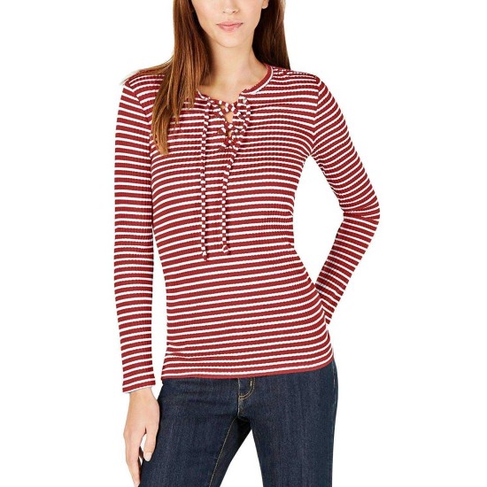  Ribbed Lace-Up Top (Bright Terra Cotta/White, L)