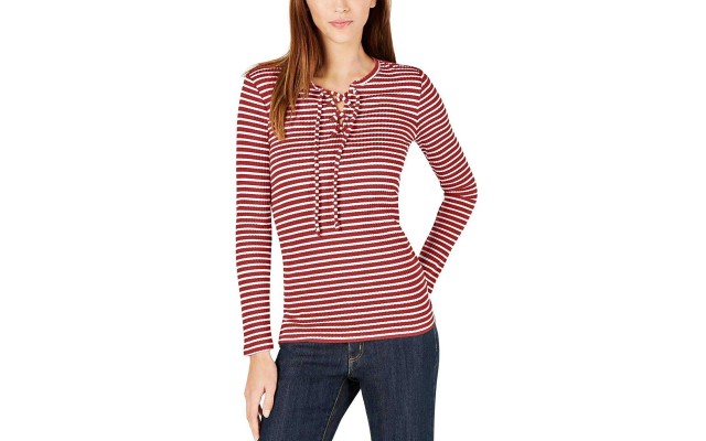  Ribbed Lace-Up Top (Bright Terra Cotta/White, L)