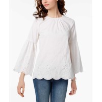 Michael Kors Scalloped Eyelet Bell-Sleeve Top (White, XS)