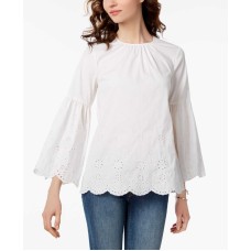 Michael Kors Scalloped Eyelet Bell-Sleeve Top (White, XS)