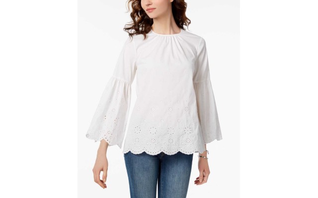  Scalloped Eyelet Bell-Sleeve Top (White, XS)