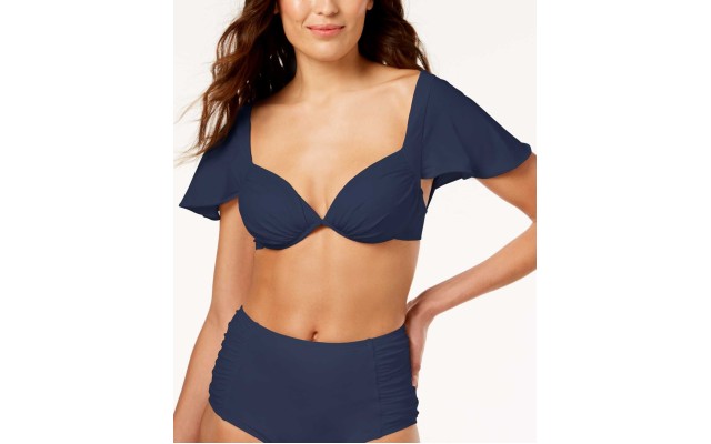  Women’s Solids Cap Sleeve Underwire Bikini Top (Navy M)