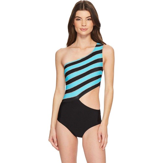  Women’s Striped One-shoulder Cutout One-Piece Swimsuit