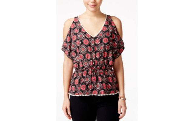 Juniors’ Printed Cold-Shoulder Blouse Shirt Tops