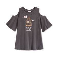 Monteau Butterfly Glitter Graphic Cold-Shoulder T-Shirt, Big Girls (Black, XL)