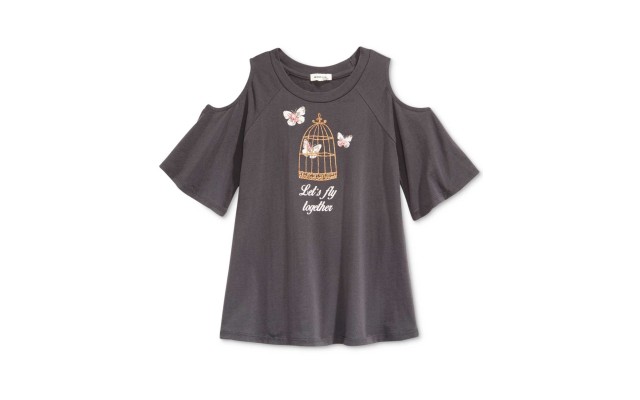  Butterfly Glitter Graphic Cold-Shoulder T-Shirt, Big Girls (Black, XL)