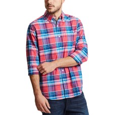 Nautica Long Sleeve Classic Fit Plaid Shirt (Melon Berry, L)