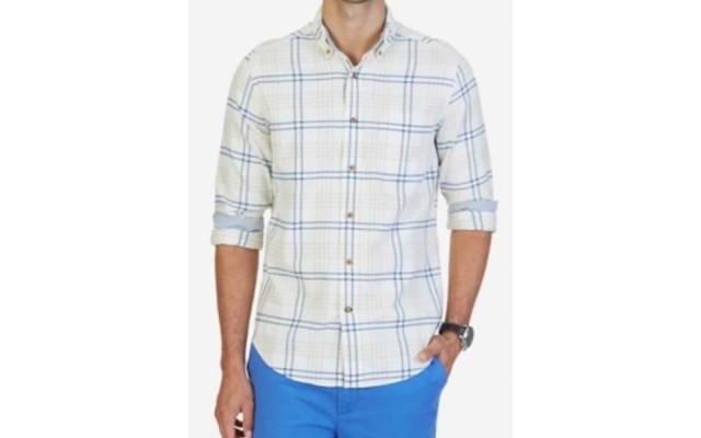  Men’s Classic Fit Coastal Plaid Shirt (Whitecap, S)
