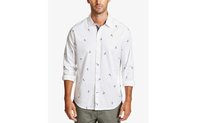  Men’s Mini Anchor-Print Shirt (White, X-Large)
