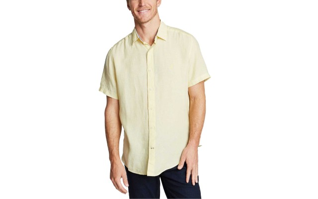  Men’s Short Sleeve Classic Fit Solid Linen Button Down Shirt (Sunshine,L)