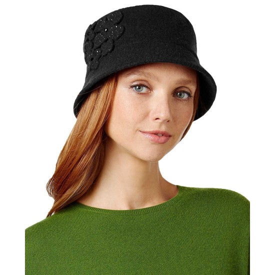  Flowered Wool Knit Micro Brim Hat (Black)