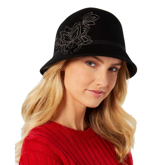  Women's Flower-Appliqué Wool Felt Cloche Hats, Black