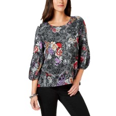 NY Collection Petite Printed Balloon-Sleeve Top (Black, Medium)