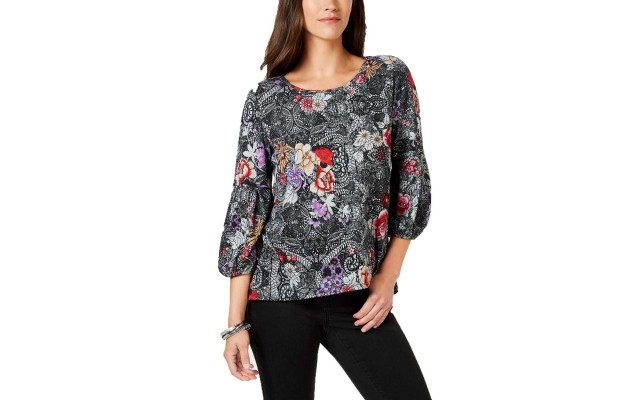  Petite Printed Balloon-Sleeve Top (Black, Medium)