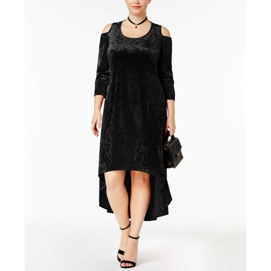  Plus Size Velvet Cold-Shoulder Dress (Black, 2X)