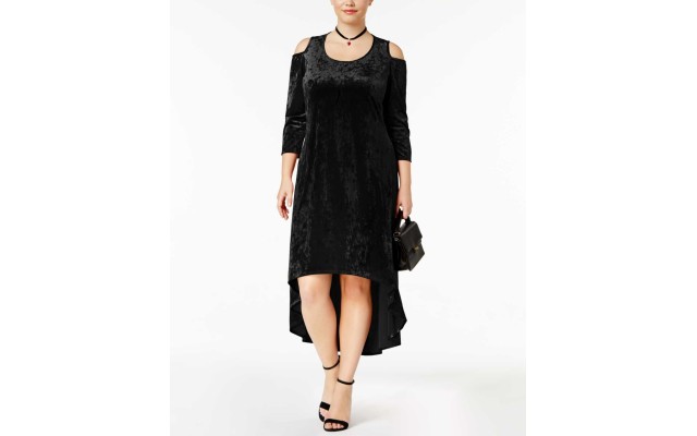  Plus Size Velvet Cold-Shoulder Dress (Black, 2X)