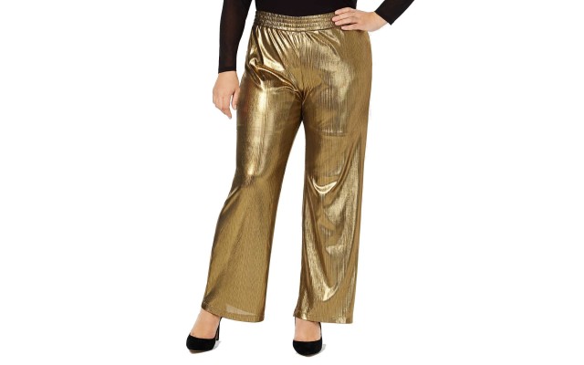 Plus Size Woman’s Metallic Striped Wide-Leg Pants (Gold, 3X)