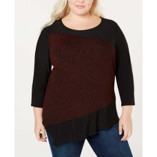 NY Collection Women’s Glitter Bodice Asymmetrical Hem Blouse (Red, 1X)
