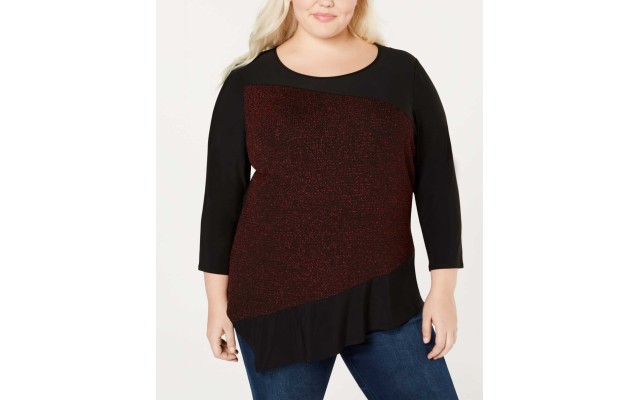  Women’s Glitter Bodice Asymmetrical Hem Blouse (Red, 1X)