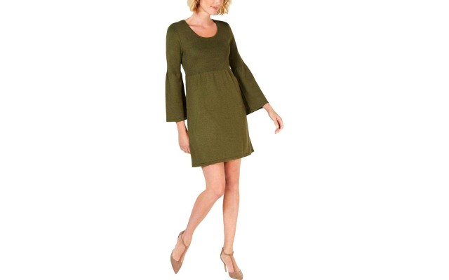  Womens Petites Bell Sleeves Scoop Neck Casual Dress (Green, PM)