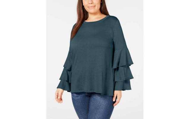  Women’s Plus Size Ruffle-Sleeve French Terry Top (Blue, 1X)
