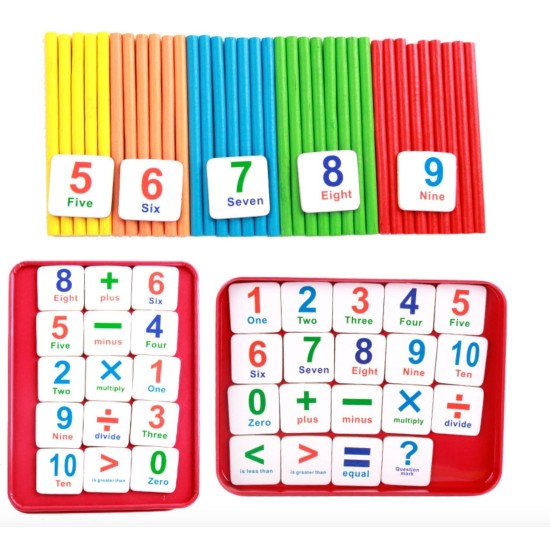 Preschool Math Set Toy With Colorful Counting Sticks, Number Squares and Metal Box – Wooden Montessori Math Game Set for Cognitive Development of Children, Toddlers and Pre-K