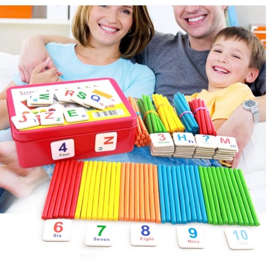 Preschool Math Set Toy With Colorful Counting Sticks, Number Squares and Metal Box – Wooden Montessori Math Game Set for Cognitive Development of Children, Toddlers and Pre-K