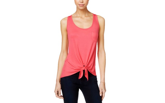  Juniors’ High-Low Tie-Front Tank Top (Coral, Small)