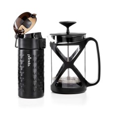 Primula Color Tempo 6 Cup Glass Coffee French Press & 12oz Thermal Tumbler Go Set (Black)