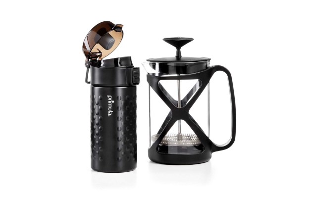  Color Tempo 6 Cup Glass Coffee French Press & 12oz Thermal Tumbler Go Set (Black)