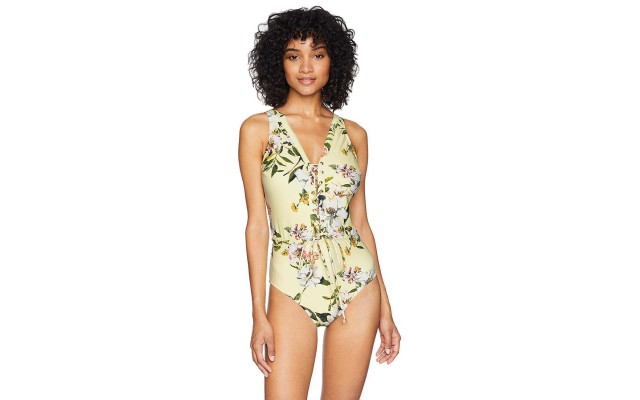  Women’s Swim One Piece with Center Front Self Binding Neckline (Summer Floral, M)