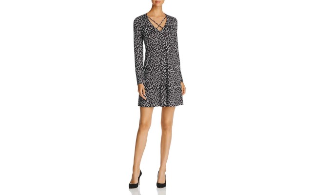  Animal-Print A-Line Mini Dress (Charcoal,S)