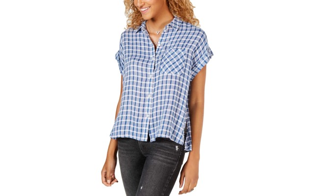  Mod Short-Sleeve Shirt (Blue Plaid, L)