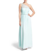 Speechless Aqua Blue Shilo Lace Beaded Waist One-Shoulder Gown Juniors Size 11