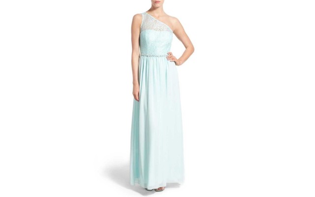  Aqua Blue Shilo Lace Beaded Waist One-Shoulder Gown Juniors Size 11