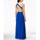 Juniors' Embellished One-Shoulder Gown Dress, Blue, 13