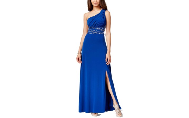  Juniors' Embellished One-Shoulder Gown Dress, Blue, 5