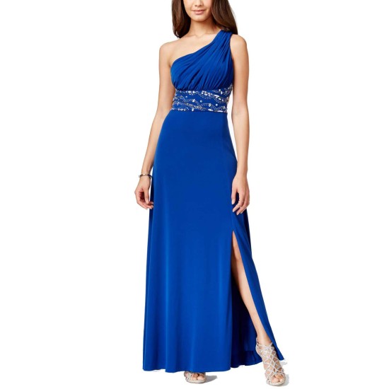  Juniors' Embellished One-Shoulder Gown Dress, Blue, 9
