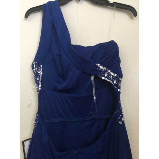  Juniors’ One-Shoulder Embellished Flare Dress (Blue, 13)