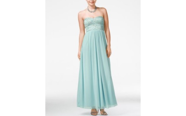  Juniors' Strapless Lace Embellished Gown Dress, Antique Blue, 1