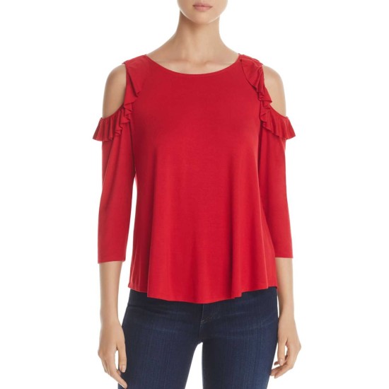  Ruffle Cold Shoulder Top (Red, XS)