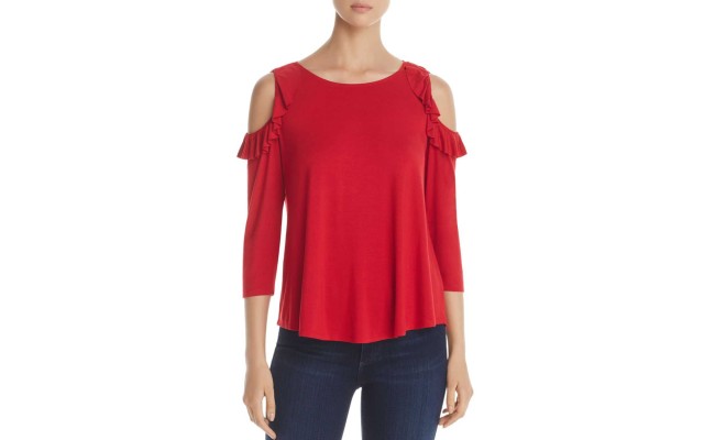  Ruffle Cold Shoulder Top (Red, XS)