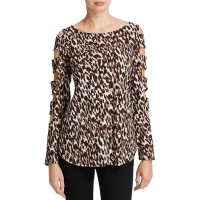 Status by Chenault Women's Leopard Animal Print Cut-Out Pullover Blouse Shirt Tops